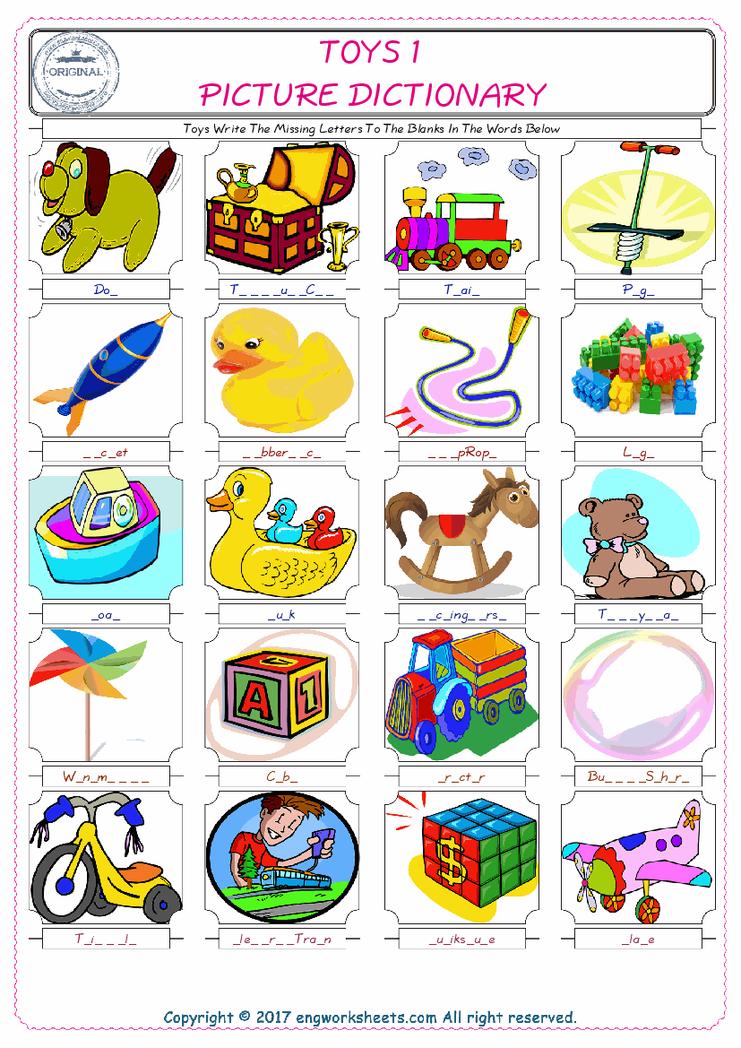  Toys Words English worksheets For kids, the ESL Worksheet for finding and typing the missing letters of Toys Words 